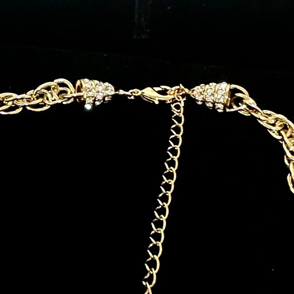 Vintage Red Lotus Peacock Statement Necklace Gold Tone Red Tassel Rhinestone